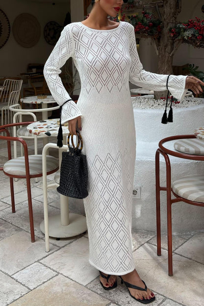 Solid Color Long-sleeved Tie Slim-fit Knit Openwork Cover-up Maxi Dress