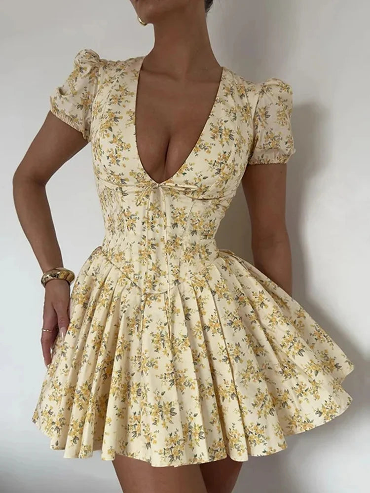 Flower Print Deep V-Neck Mini Dress