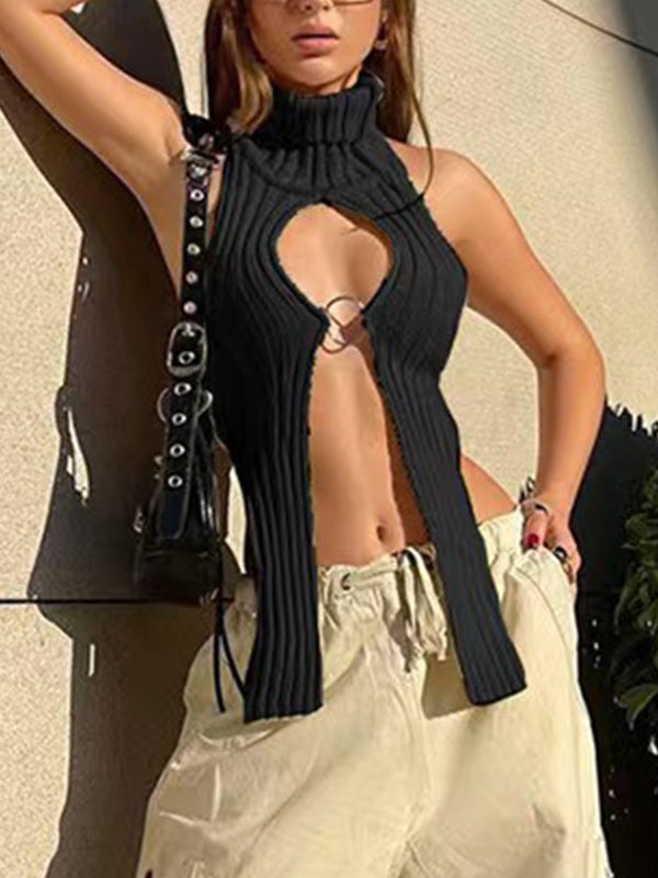 Cutout Metal Ring Slit Backless Knit Tank Top
