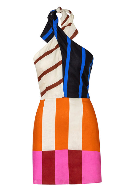 Jeniah Linen Blend Color Block Print Cross Halter Tie-up Loose Mini Dress