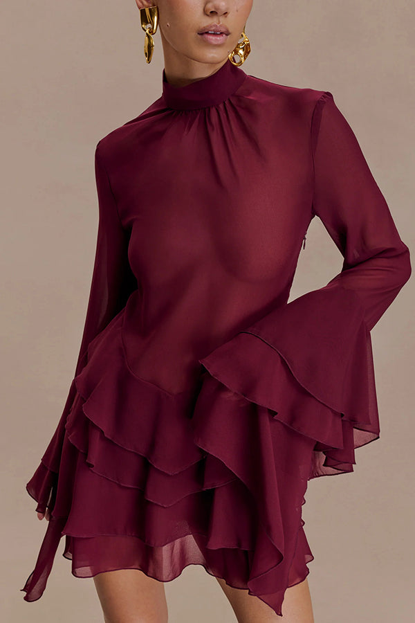 Fashionable Chiffon Long-sleeved Ruffled Slim-fit Mini Dress