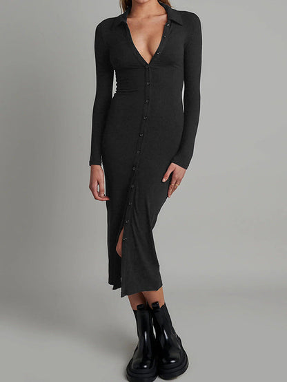 High Waisted Long Sleeves Buttoned Solid Color Lapel Midi Dresses