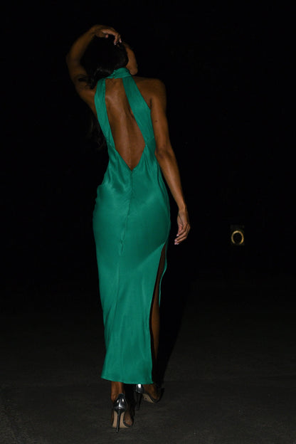 Shaylah Solid Green Satin Drape Back Split Maxi Dress