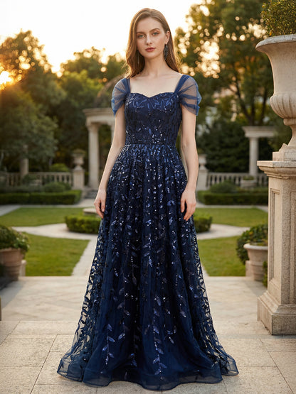 Deep Blue Sequin Maxi Prom Dress with Sweetheart Neckline and Off-shoulder For Summer 2026