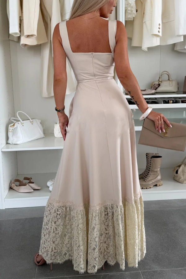Solid Color Square Neck Sleeveless Fitted Waist Elegant Lace Hem Maxi Dress
