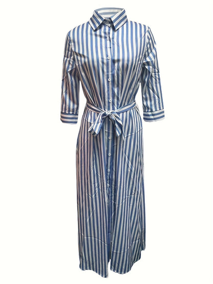 Marble Print Long Sleeve Belted Button Front Shirt Maxi Dress
