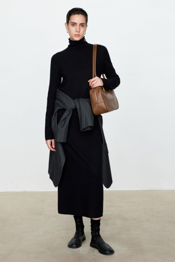 Turtleneck Long Sleeve Column Belted Knit Maxi Dress
