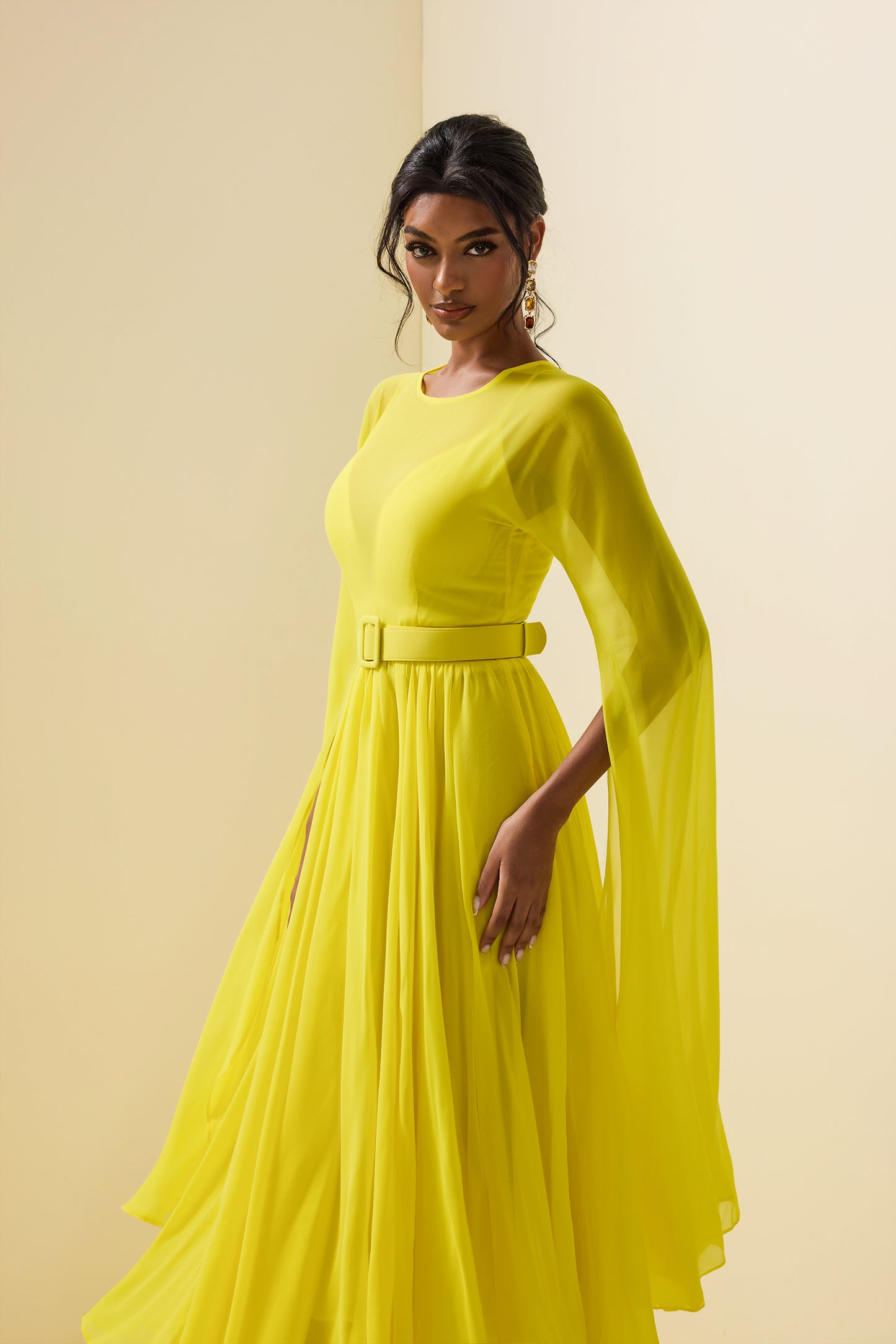 Mesh Solid Cape Sleeve Midi Dress With Belt