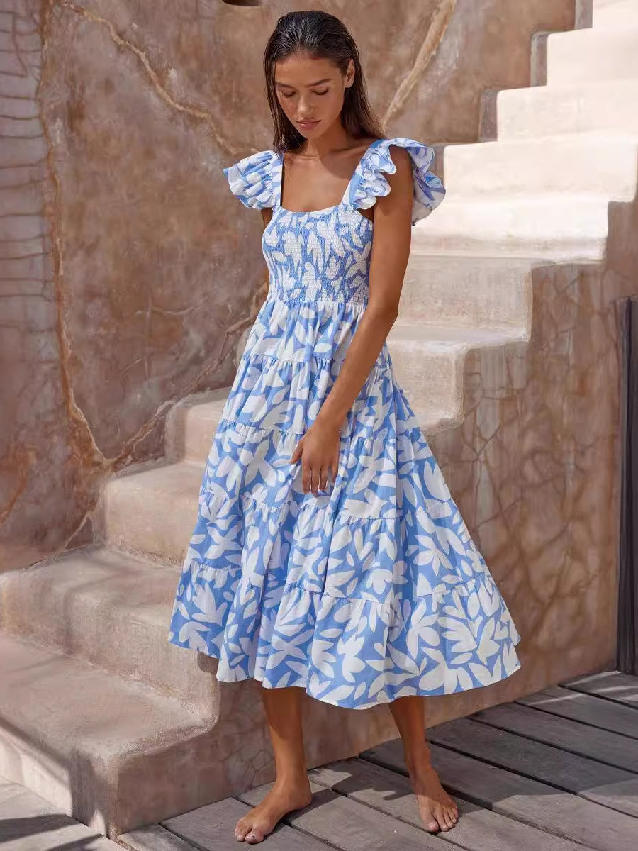 Smocked Dress Printed Flutter Sleeves Elastic Bust Vacation Casual Midi Dresses