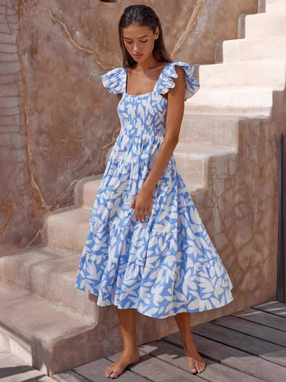 Smocked Dress Printed Flutter Sleeves Elastic Bust Vacation Casual Midi Dresses