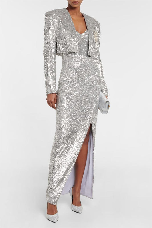 Sequin Solid Sleeveless Midi Dress ?Sequin Long Sleeve Blazer Set