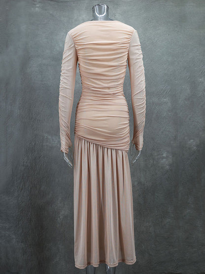 Long Sleeves Skinny Pleated See-Through Solid Color Split-Joint Round-Neck Evening Dresses Maxi Dresses