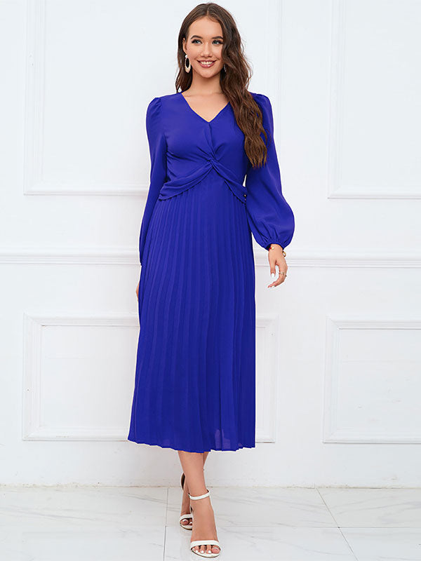 Midi Dress Pleated V-Neck Long Sleeves Casual Fall Dresses