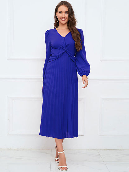 Midi Dress Pleated V-Neck Long Sleeves Casual Fall Dresses