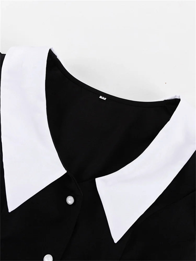Tossy Vintage Contrast Mini Dress Female Ruffled Patchwork Lapel Elegant Club Gown Bandage Long Sleeve Fashion Slim Dress 2023