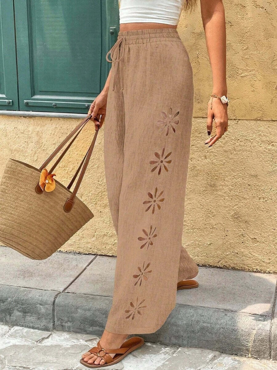 Minimalist Style Drawstring Hollow-out Solid Color Loose Wide-leg Trousers