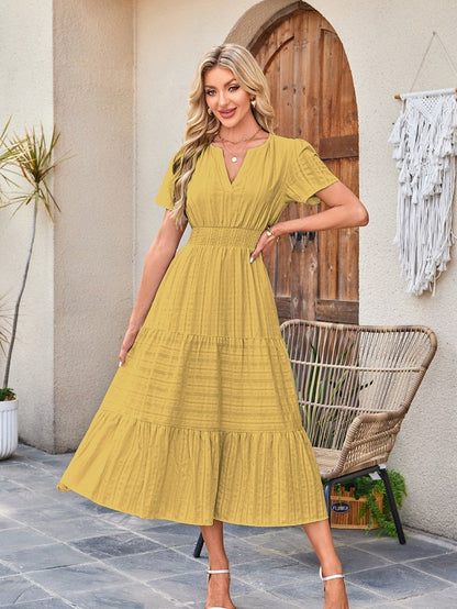 V-neck, Gathered, Puff Sleeve, Full Skirt, Short-sleeved Long Dress