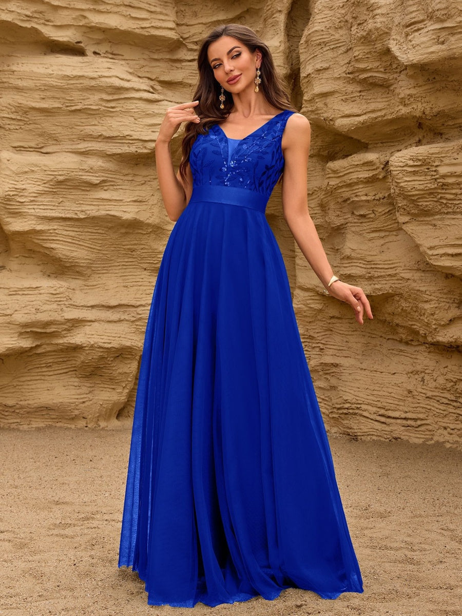 V-neck Embroidery Sequins Elegant Gauze Formal Dress Maxi Dresses