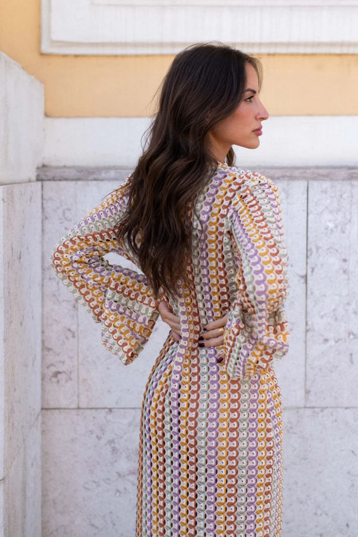 Scallop Circle Print Deep V-Neck Long Sleeve Front Slit Maxi Dress