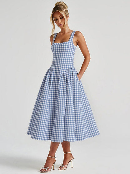 Plaid Print, Fitted Waist, Sexy Backless Halter Maxi Dress