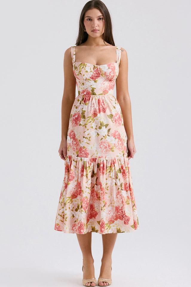 Floral Print Sweetheart Bustier Wide Strap Tiered Ruffle Hem Midi Dress