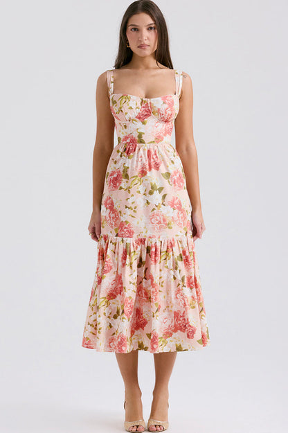 Floral Print Sweetheart Bustier Wide Strap Tiered Ruffle Hem Midi Dress