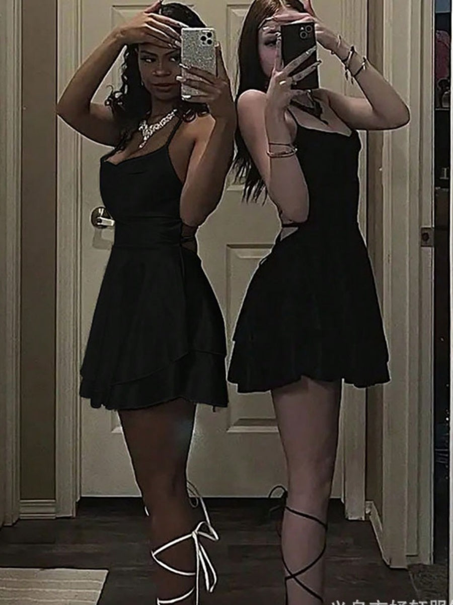 Camisoles Swing Collar Backless Drawstring Mini&Short Dresses