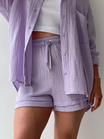 Long-sleeved Shirt And High-waisted Drawstring Shorts Casual Two-piece Set