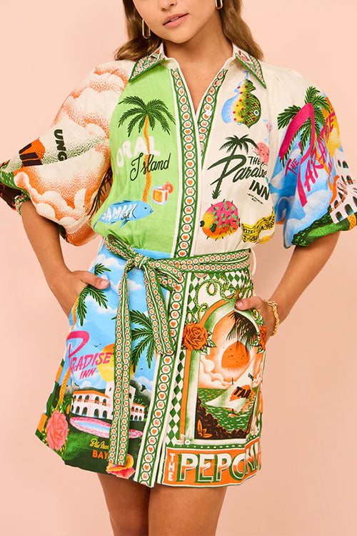 Margovil Lantern Sleeves Tie Waist Cotton Linen Resort Print Shirt Dress