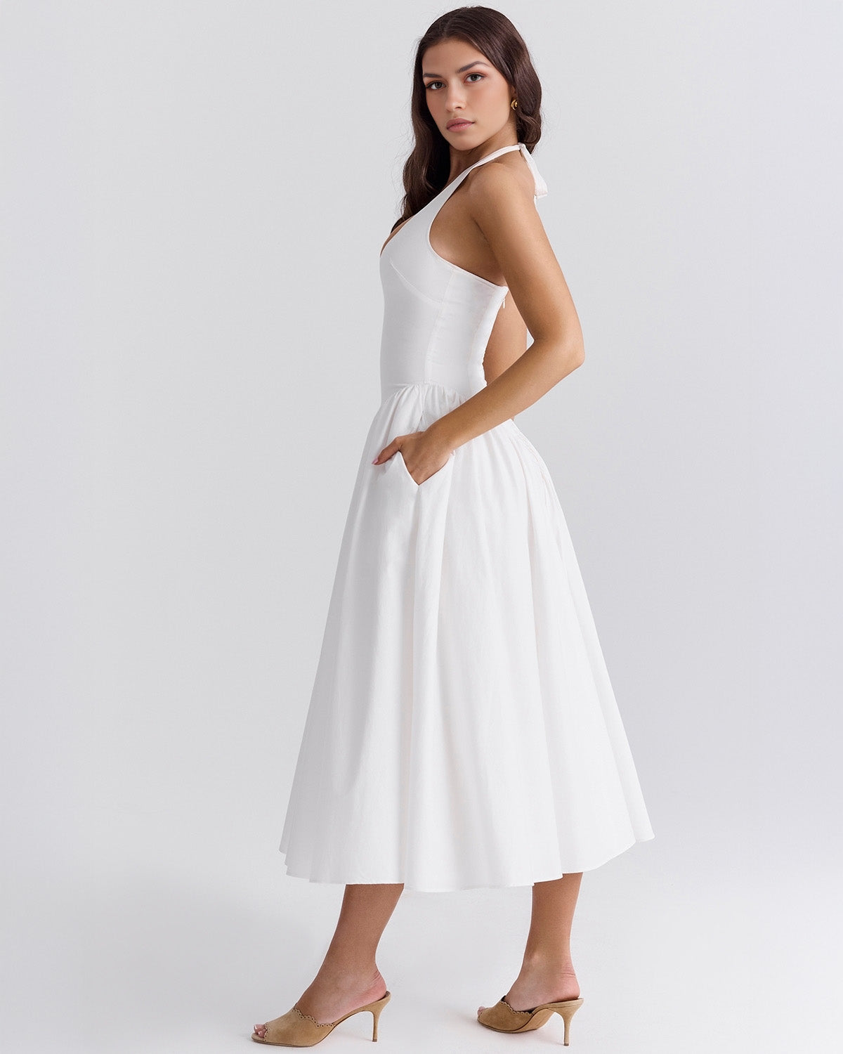 Halter Deep V Drop Waist Gathered Pleated Midi Dress
