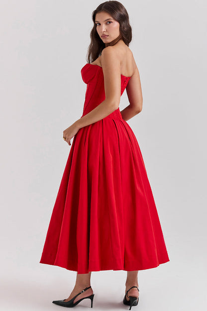 Strapless Deep Plunge Corset Boned Pleated A-Line Midi Dress