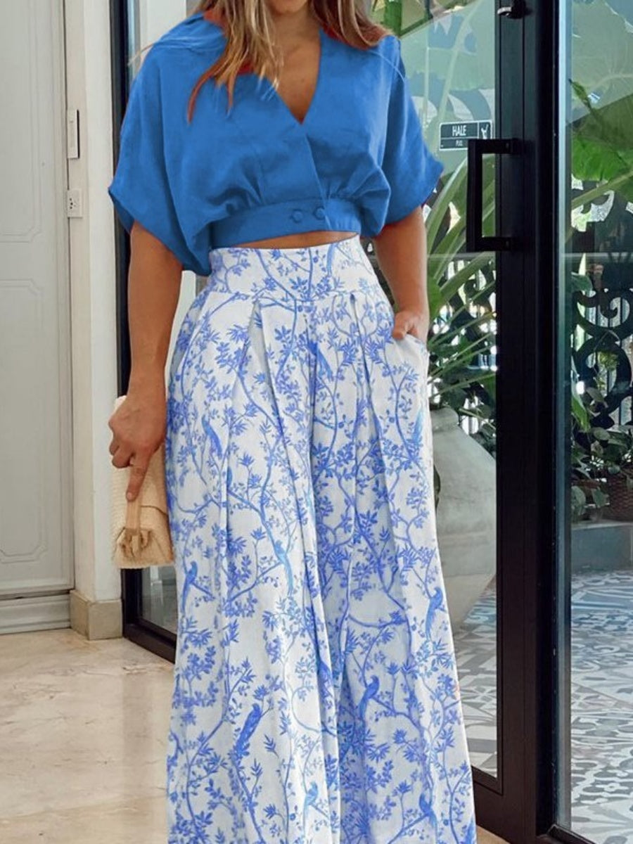 Plant-based Printing Loose Top Wide-leg Pants Set 2-piece Sets