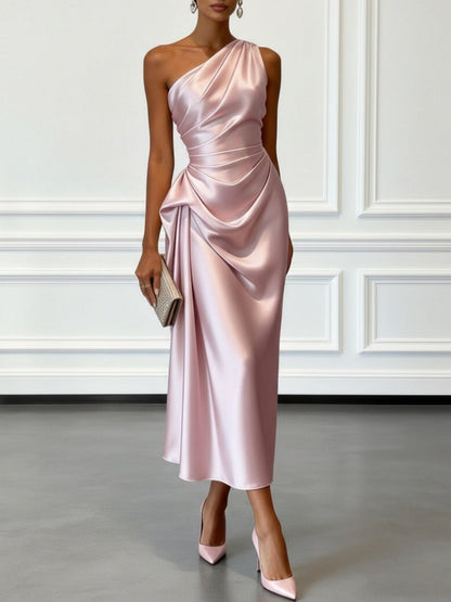 Satin Pleated One Shoulder Grace Formal Dress Maxi Dresses