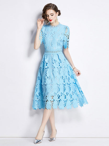Water-soluble Lace Short-sleeved Slim-fit Midi Dress