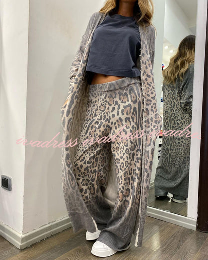 Comfort first Leopard Print Pocket Long Sleeve Cardigan Elastic Waist Pants Set
