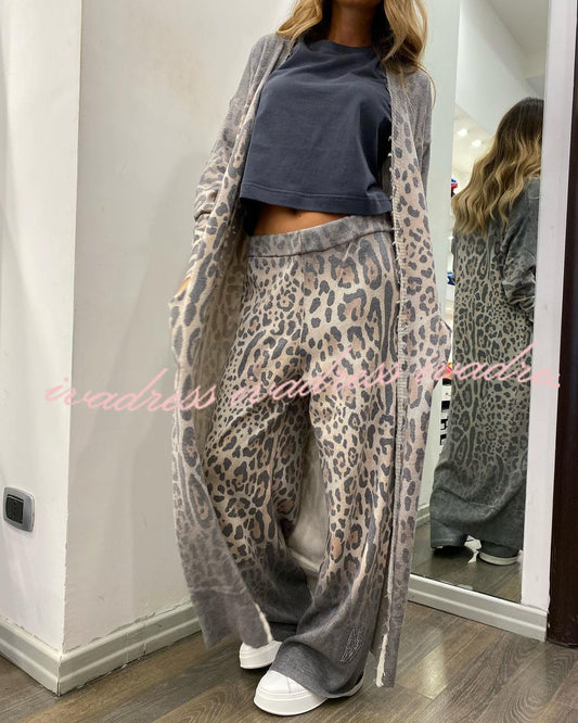 Comfort first Leopard Print Pocket Long Sleeve Cardigan Elastic Waist Pants Set