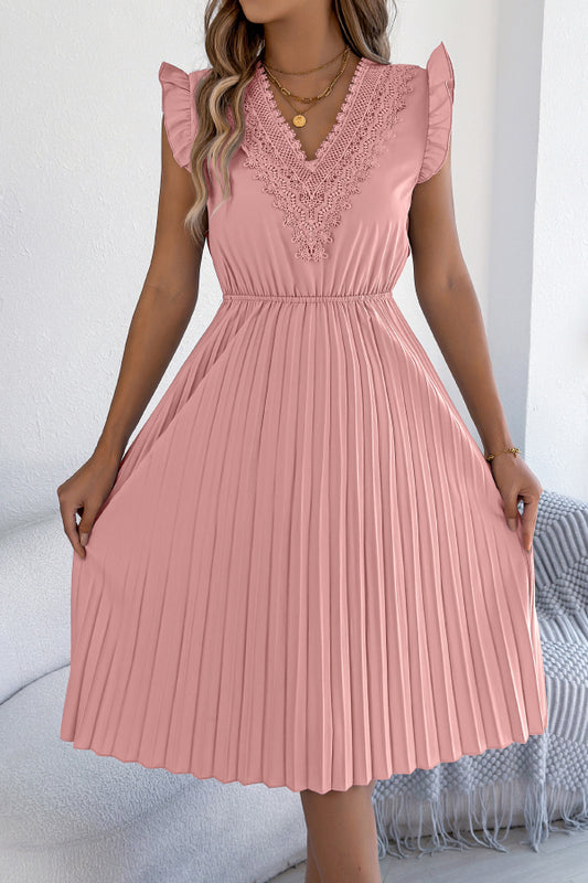 Solid Color V-neck Lace-trimmed Sleeveless Casual Pleated Midi Dress