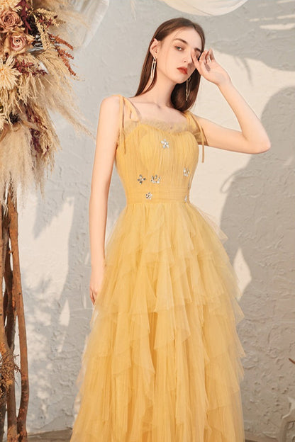 Sweetheart Ruched Bow Strap Tiered Tulle A-Line Maxi Gown