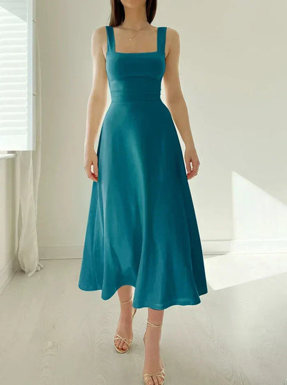 Square Neck Wide Strap A-Line Midi Dress