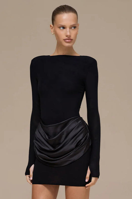 Boat Neck Padded Shoulder Long Sleeve Draped Satin Hip Overlay Bodycon Mini Dress