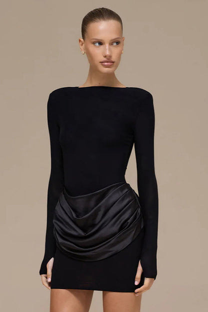 Boat Neck Padded Shoulder Long Sleeve Draped Satin Hip Overlay Bodycon Mini Dress