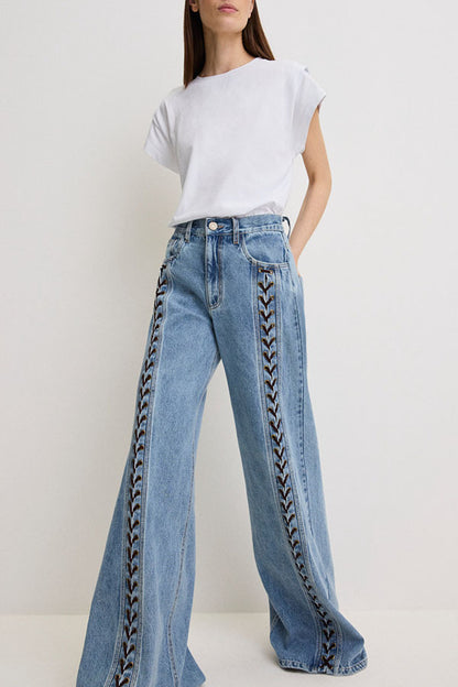 Harloe Denim High Rise Front Center Slit Rope Knot Design Pocket Wide Leg Jeans