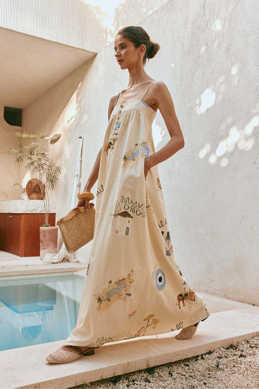 | Linen Maxi Dress with Spaghetti Straps
