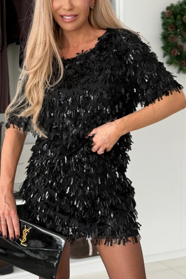 Polished Uptown Sequin Tassel Round Neck Short Sleeve Top and Elastic Waist Mini Skirt Set