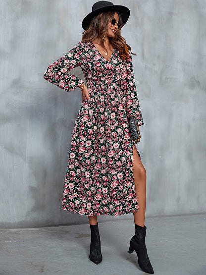 Floral Midi Dress V-Neck Balloon Sleeves High Slit Refined Dresses