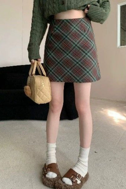 Tweed Plaid Vintage High Waist Fitted Short Skirt