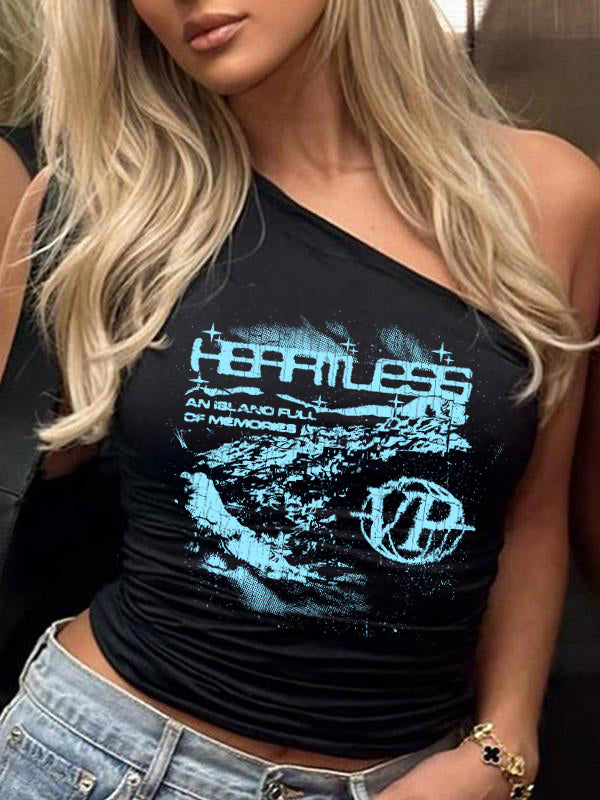 One Shoulder Contrast Print Slim Fit Tank Top