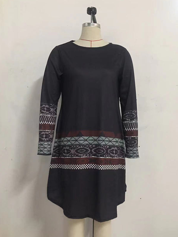 Casual Long Sleeves Striped Contrast Color Printed Round-Neck Mini Dresses