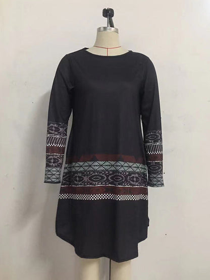 Casual Long Sleeves Striped Contrast Color Printed Round-Neck Mini Dresses