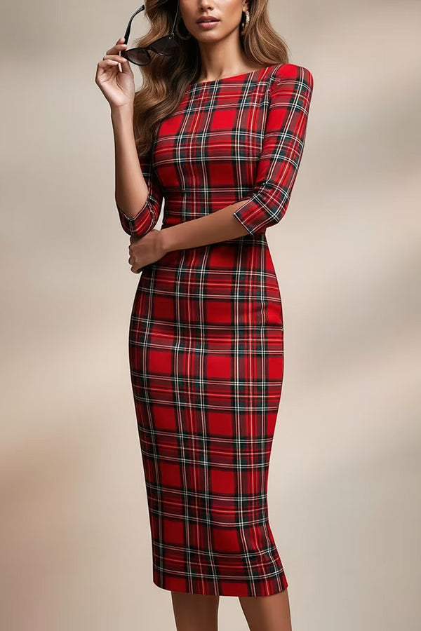 Plaid Print Half Sleeves Fitted Elegant Midi Dress